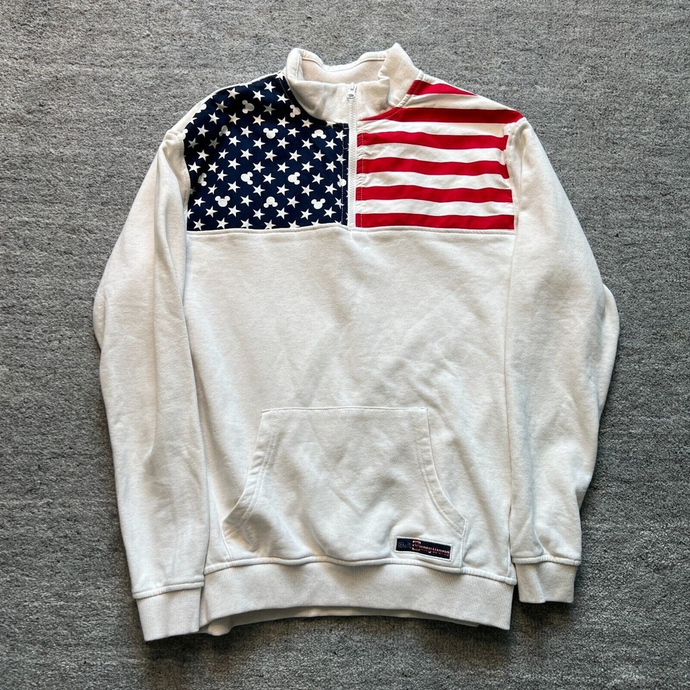 Disney Parks American Flag Womens 1/4 Zip Sweatshirt Beige Mickey Mouse Ears M